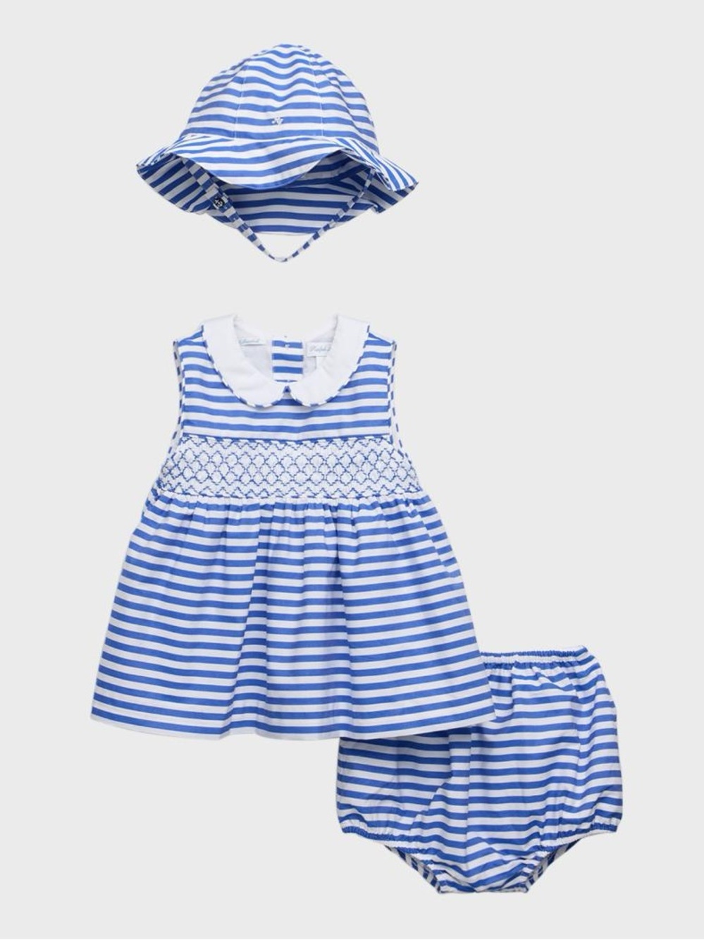 NWT Ralph Lauren Baby 18M Hand Smocked Dress & Sun Hat Blue Stripe Cotton